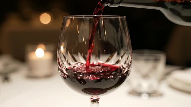 Pouring red wine into a crystal glass at a candlelit dinner.