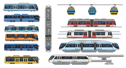 Collection of modern public transportation vehicles including trains and trams. © cici caesar