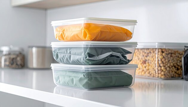 FlyPro Firefly reusable silicone food storage bags, neatly folded and stacked in transparent organizers for efficient kitchen storage, captured in a detailed photograph.