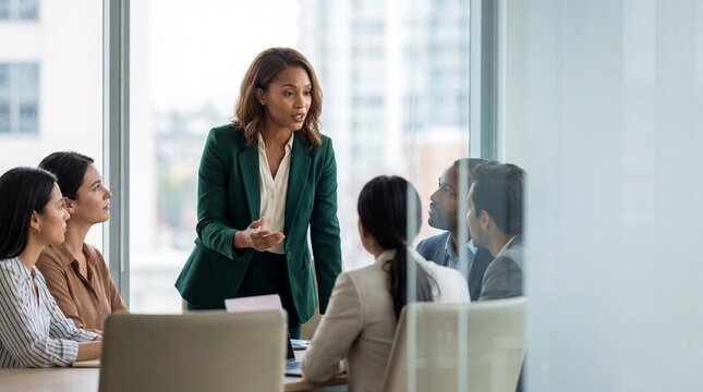 Confident experienced business leader presenting strategy to diverse team in modern glass office, engaging colleagues with persuasive body language and focused collaboration