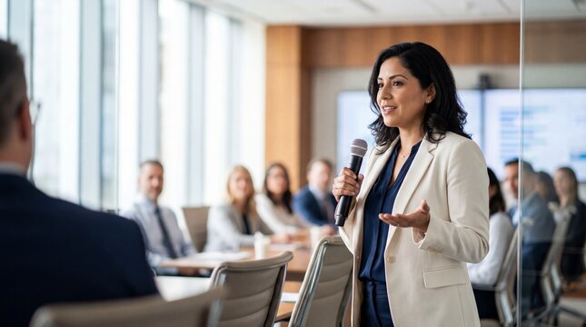 Confident latina senior woman speaking into microphone at corporate meeting, professional presentation and engaged audience in modern glass conference room