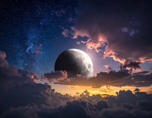 Majestic full moon rising amidst stars and fluffy, colorful clouds