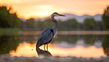 Majestic heron stands in water during golden hour, tranquil scene