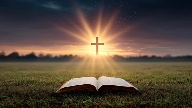 Floating cross above open book in grassy field with radiant spiritual light, powerful symbol of faith and worship, holy scripture imagery with bright heavenly beam and serene natural background