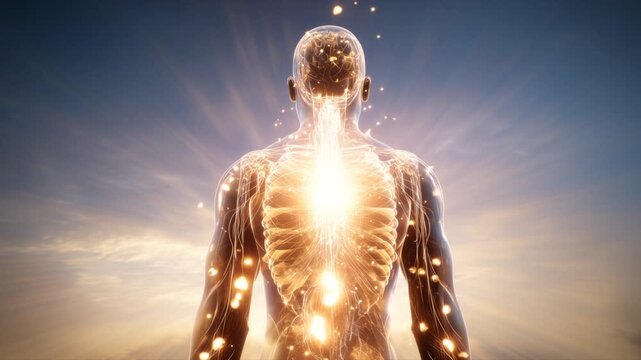Balanced glowing power flowing through body and mind inside human form, energy harmony animation, spiritual wellness aura, luminous internal motion symbolizing mental clarity and physical vitality