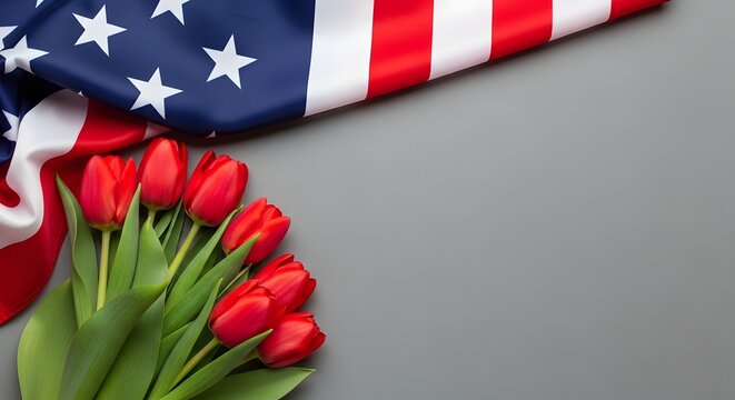 American flag day 4th of july and labor day celebration with red tulips
