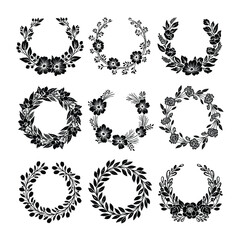 Obraz premium Floral wreath collection featuring various elegant black floral designs on a beige background, perfect for decorative and design purposes, with diverse styles and intricate details.