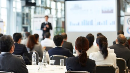 Fototapeta premium A business conference with a speaker and audience in a modern conference room.