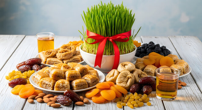 Novruz setting table decoration, wheat grass, Azerbaijan national pastry pakhlava, new year sring celebration, nature awakening