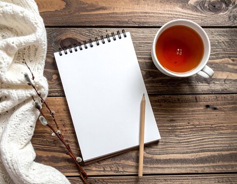 Work morning mood mock up for your text and design, top view, flat lay, white planchet with willow branch and tea at rustic wooden background. 