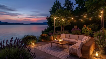Obraz premium relaxing seating on the edge of the lake in the twilight atmosphere