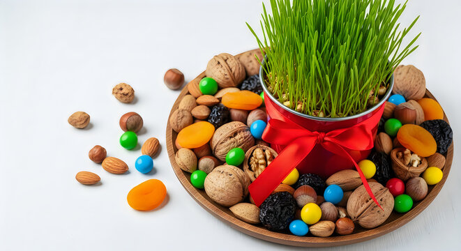 Novruz setting table decoration, wheat grass, Azerbaijan national pastry pakhlava, new year sring celebration, nature awakening