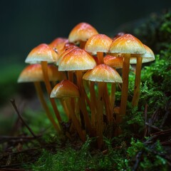 A dense cluster of small orange and yellow mushrooms with delicate stems emerging from lush green moss