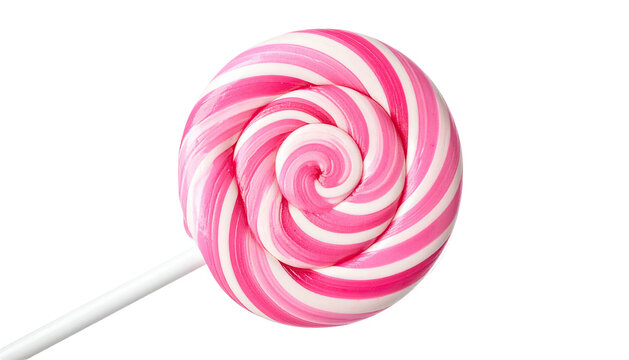 Round pink and white swirled lollipop on a stick, isolated on a black background