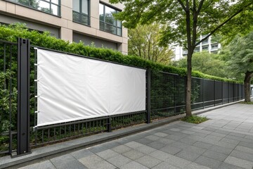Blank white outdoor banner mounted on residential fence in sunny suburban area, ideal for advertising mockup, marketing promotion, billboard template, commercial signage display. © shahjalal