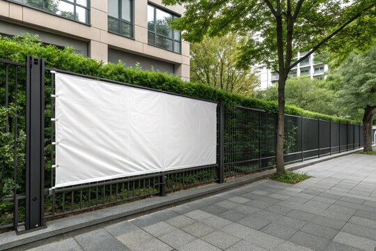 Blank white outdoor banner mounted on residential fence in sunny suburban area, ideal for advertising mockup, marketing promotion, billboard template, commercial signage display.
