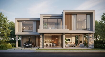Obraz premium Modern luxury home exterior with large windows and a car parked in front