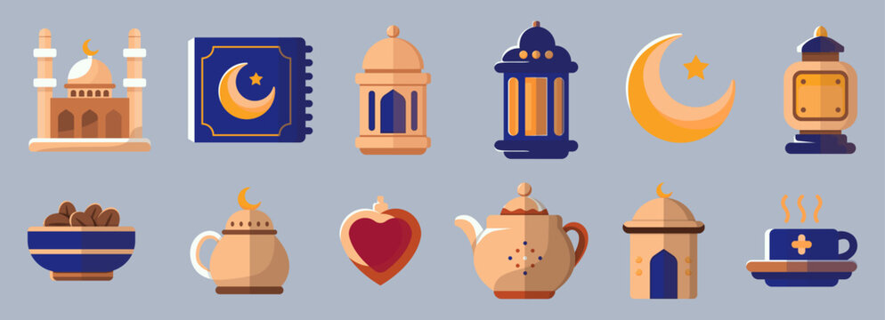 Colorful Ramadan and Eid al Fitr flat UI UX icon set with modern 2D vector elements for mobile apps, website interfaces, greeting cards, and Islamic festive branding - Vector collection pack