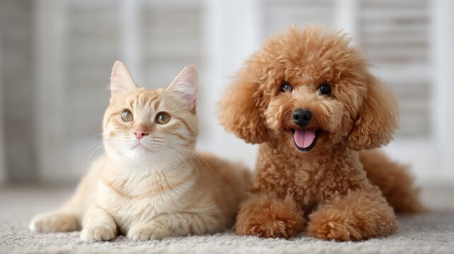 Two adorable pets, a cat and a dog, sitting on a carpet.
