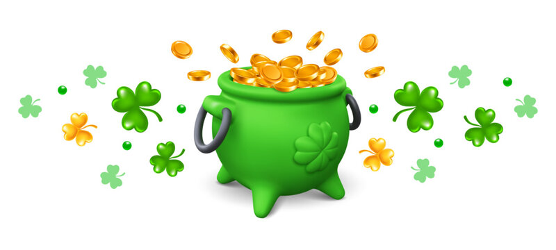 Pot full of gold coins. Leprechaun cauldron with treasure, lucky four leaf clover, flying shamrock leaves. Saint Patrick's Day celebration design element. Isolated 3d vector illustration