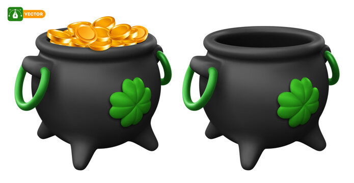Saint Patrick's pot full of gold coins and empty. Leprechaun cauldron with treasure, four leaf clover, lucky shamrock. Saint Patrick's Day celebration design element. Isolated 3d vector illustration
