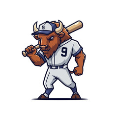Naklejka premium Buffalo Mascot Wearing Baseball Uniform Holding Bat.