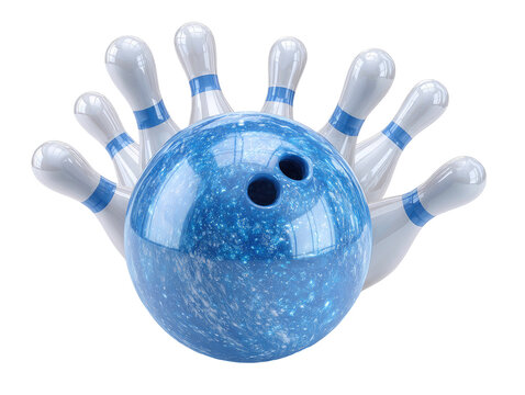 Bowling ball and pins striking, blue speckled sphere, sport equipment, stock media isolated on transparent background