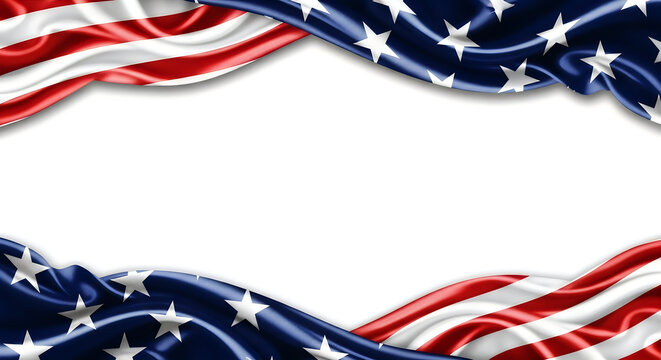 American flag patriotic frame border with waving stars and stripes fabric and white copy space for memorial day and independence day