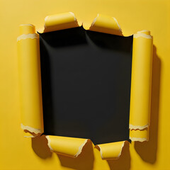 Torn yellow paper revealing dark background, creating dramatic frame and copy space for creative designs