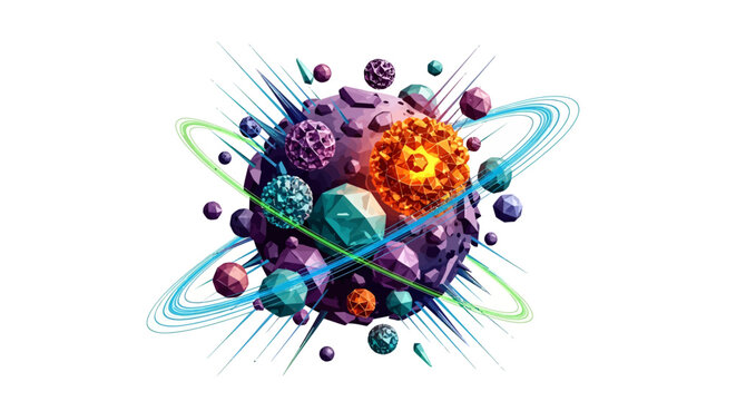 Vibrant 3D illustration of colorful atoms and molecules in motion