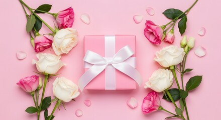 Obraz premium Happy women's day gift ideas with beautiful roses and pink present