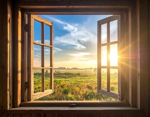 Wooden window with open shutters framing sunrise over green landscape