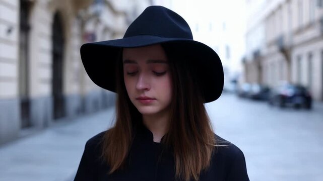 Contemplative Lady Strolling City Streets. Woman With Brown Hair Contemplates In Quiet City Surroundings