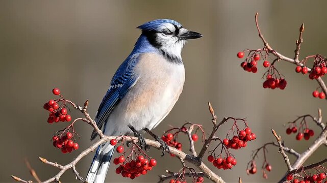 Blue Jay (Cyanocitta cristata) Perched on a Berry-Laden Branch in Winter; Songbird in Profile with Red Winter Berries and Soft Focused Background