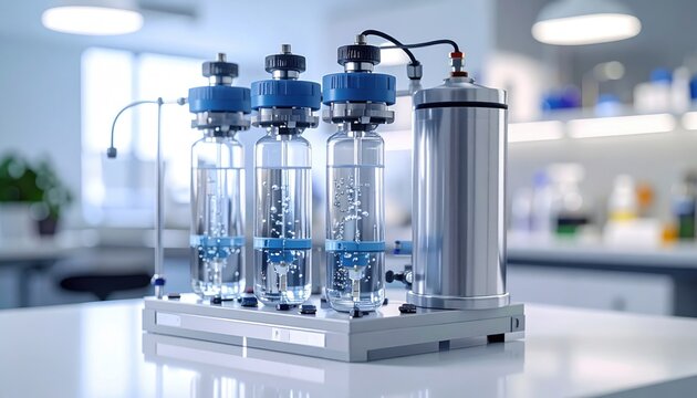 A miniature photorealistic replica of the FlyPro Firefly resilient water purification system, beautifully illuminated in bright laboratory lighting, capturing intricate scientific detail.