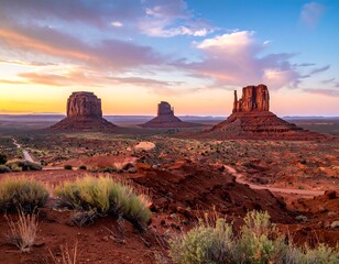 Majestic mesas in desert at dusk, under a colorful sunset sky