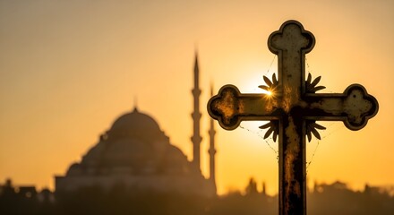 Interreligious Peace: Silhouette of Christian cross with mosque dome and minarets at sunset, religious harmony, faith and spirituality, cultural diversity, global unity and tolerance concept