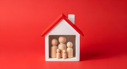 Happy Home Family: Wooden peg dolls inside house model on red background, residential property insurance, real estate investment, domestic safety, family housing and protection concept