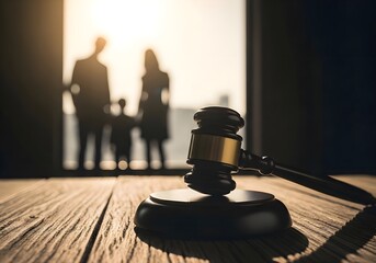 Family Law Justice: Wooden judge gavel on table with silhouette of family in background, divorce and custody litigation, legal rights, protection and mediation concept