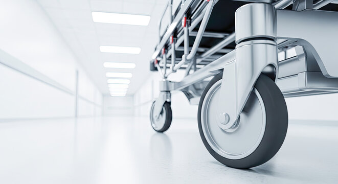 A hospital gurney in a sterile, white, empty hospital corridor.