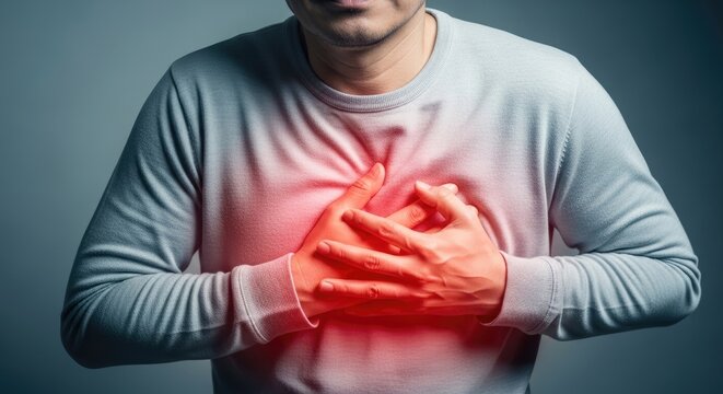 A man holding his chest in pain, possibly experiencing a heart attack.