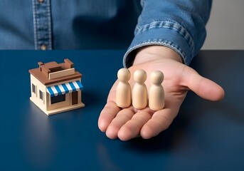 Small Business Support: Hand holding wooden figures next to mini storefront model, local shop ownership, entrepreneurship startup, retail customer service, community commerce concept