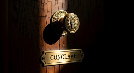 Secret Meeting: Antique brass door handle with conclave sign on dark wooden door, private chamber entry, restricted access security, historical mystery