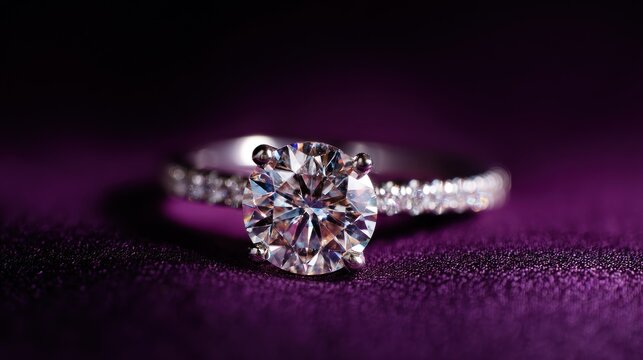 A diamond ring with a large round diamond on a purple velvet background.