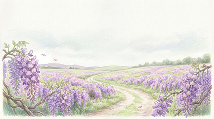 Obraz premium Wisteria Flower Field in Colored Pencil Style Panoramic Desktop Background