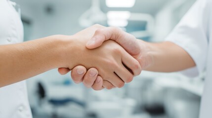 Two hands shaking in a medical office setting.