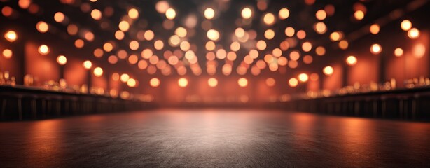 Empty Dark Wooden Surface Indoors with Warm Orange Glowing Bokeh Lights Cozy Product Display Background Intimate Brand Presentation