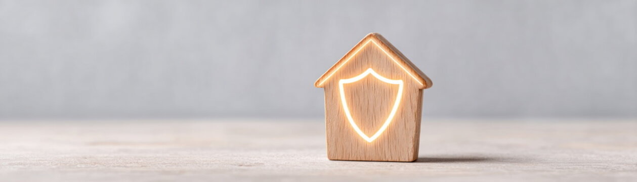 Wooden House Model with Glowing Shield Icon Symbolizing Home Security and Property Protection Household Security Promise