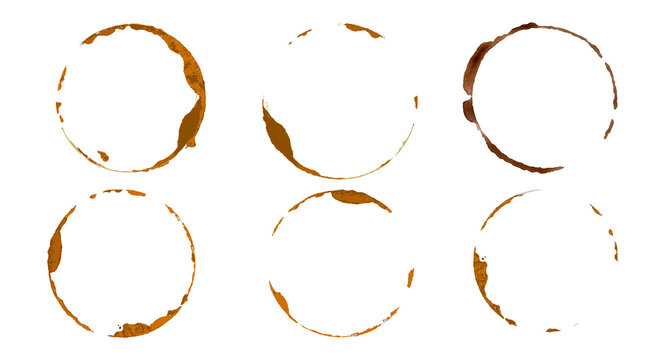 Coffee cup stains set. Brown circular coffee rings and splashes on transparent background. Realistic beverage marks collection for design png, cafe menu decoration. Vector illustration 