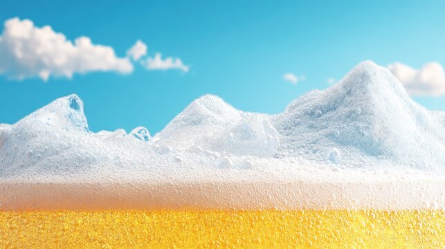 A close-up of a beer glass with a frothy head and a golden liquid inside, set against a clear blue sky with a few fluffy white clouds.